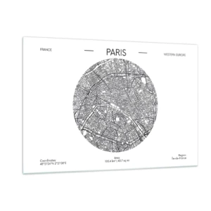 Cuadro sobre vidrio - Impresiones sobre Vidrio - Un mapa circular de París en una ilustración en blanco y negro - 120x80cm - Anatomía de París - Decoración de pared moderna para salón y dormitorio ARTTOR