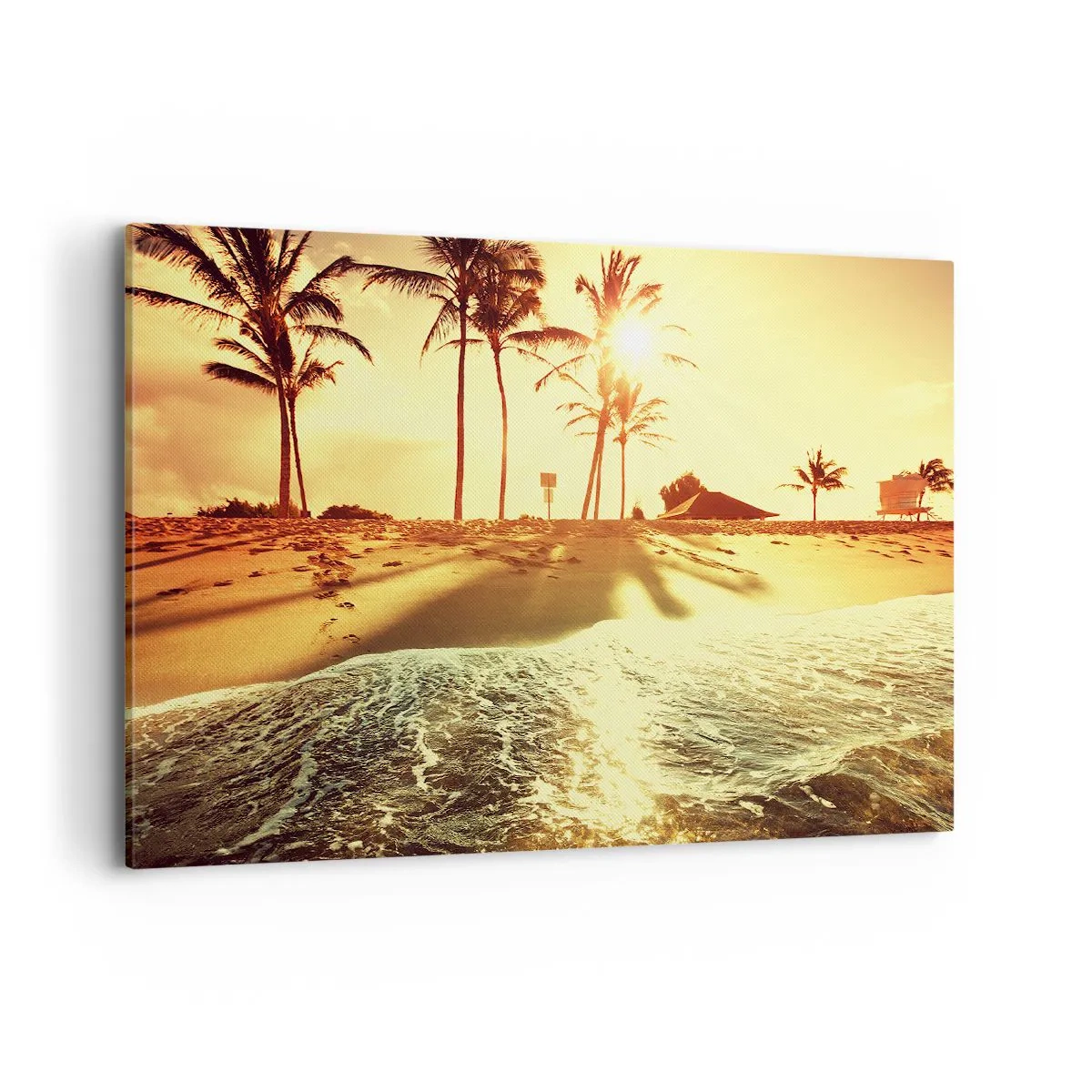 Cuadro sobre lienzo - Impresión de Imagen - Una playa con palmeras iluminada por un cálido atardecer. - 100x70cm - Una tarde californiana - Decoración de pared moderna para salón y dormitorio ARTTOR
