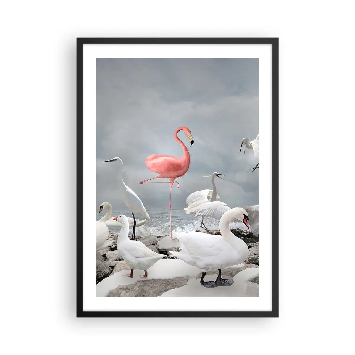 Póster en marco negro - Un flamenco rosado rodeado de pájaros blancos contra el cielo. - 50x70cm - ¿De dónde vengo? - Decoración de pared moderna para salón y dormitorio ARTTOR
