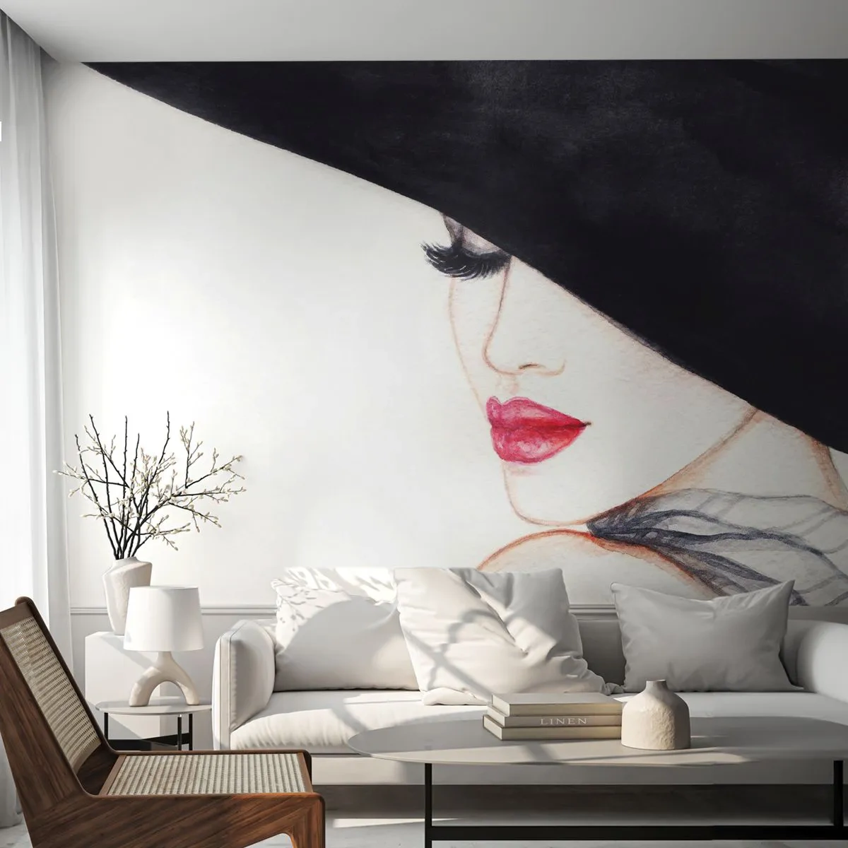 Fotomural personalizado Autoadhesivo Deluxe Sticker - Elegancia y sensualidad - Mujer, labios rojos, Sombrero negro