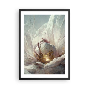 Póster en marco negro - Una abstracción sutil con motivo floral en delicados tonos blanco y dorado. - 50x70cm - Florece una vez cada cien años - Decoración de pared moderna para salón y dormitorio ARTTOR