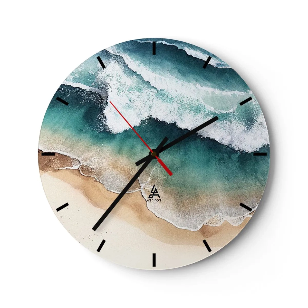 Reloj de pared - Reloj de vidrio - Olas del mar rompiendo en una playa de arena a vista de pájaro - 30x30cm - Un encuentro eterno - Decoración de pared moderna para salón, cocina y dormitorio ARTTOR
