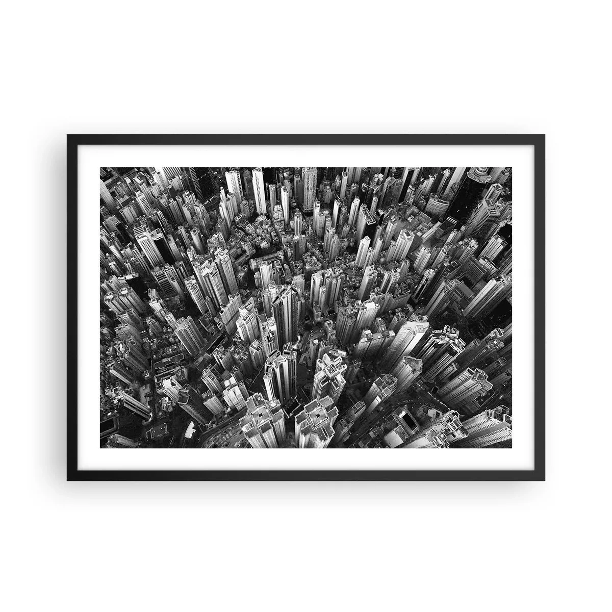 Póster en marco negro - Vista aérea de la ciudad en blanco y negro - 70x50cm - Cada vez más alto - Decoración de pared moderna para salón y dormitorio ARTTOR