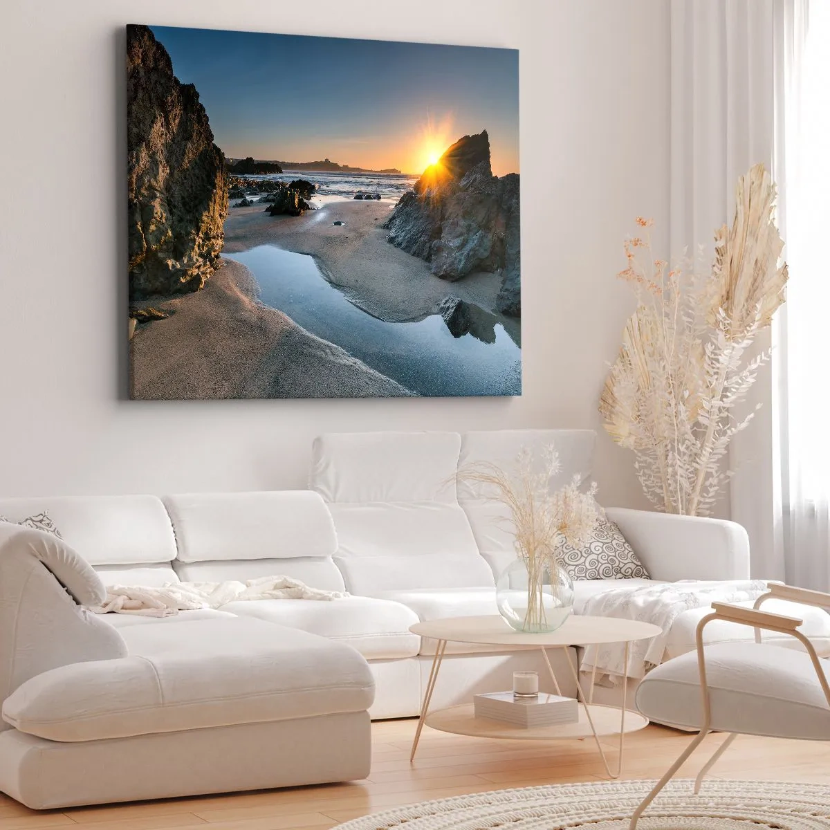 Cuadro sobre lienzo - Impresión de Imagen - Atardecer pintoresco en una playa rocosa - 100x70cm - Sin tocar por la mano del hombre - Decoración de pared moderna para salón y dormitorio ARTTOR