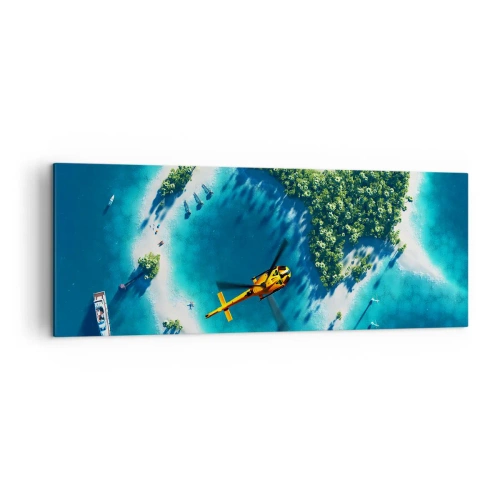 Cuadro sobre lienzo - Impresión de Imagen - Una isla tropical rodeada de agua turquesa con un helicóptero a la vista. - 140x50cm - Cómprate una isla - Decoración de pared moderna para salón y dormitorio ARTTOR