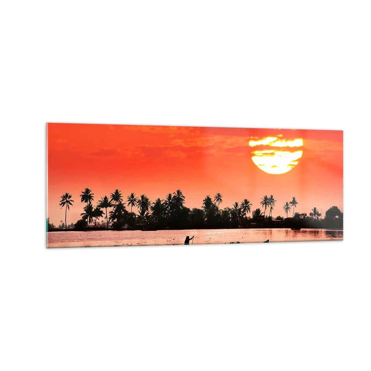 Cuadro sobre vidrio - Impresiones sobre Vidrio - Atardecer tropical con un barco y palmeras al fondo - 140x50cm - La paz de los trópicos al atardecer - Decoración de pared moderna para salón y dormitorio ARTTOR