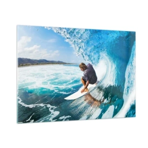 Cuadro sobre vidrio - Impresiones sobre Vidrio - Surfista en un túnel de agua con el océano al fondo - 100x70cm - Bailando con las olas - Decoración de pared moderna para salón y dormitorio ARTTOR