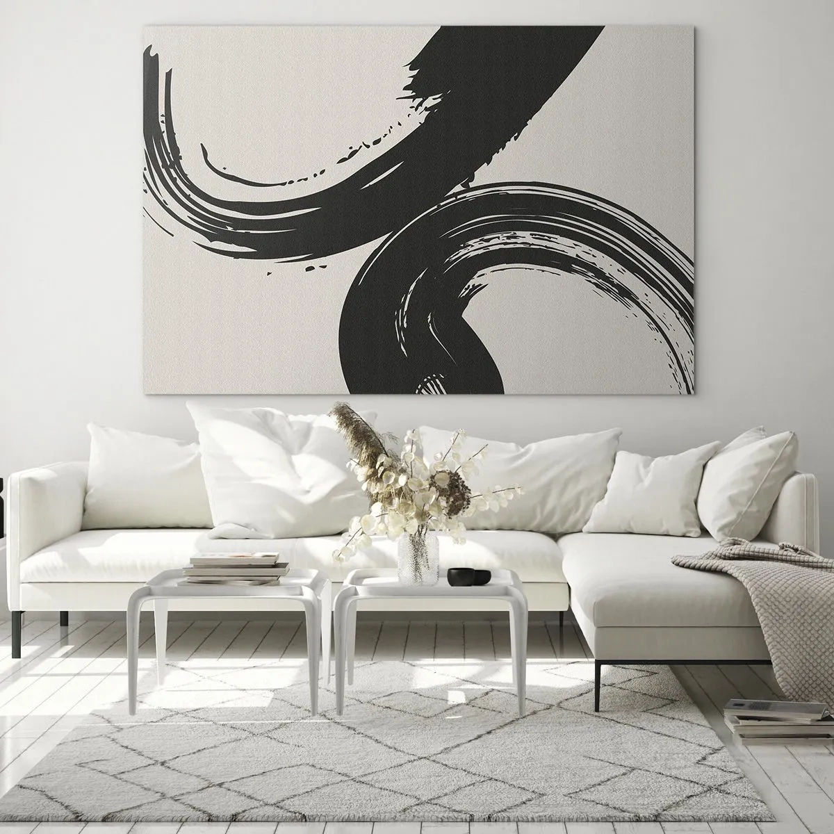 Cuadro sobre vidrio - Impresiones sobre Vidrio - Pinceladas caligráficas negras y dinámicas sobre un fondo claro. - 70x50cm - Barrido y circular - Decoración de pared moderna para salón y dormitorio ARTTOR