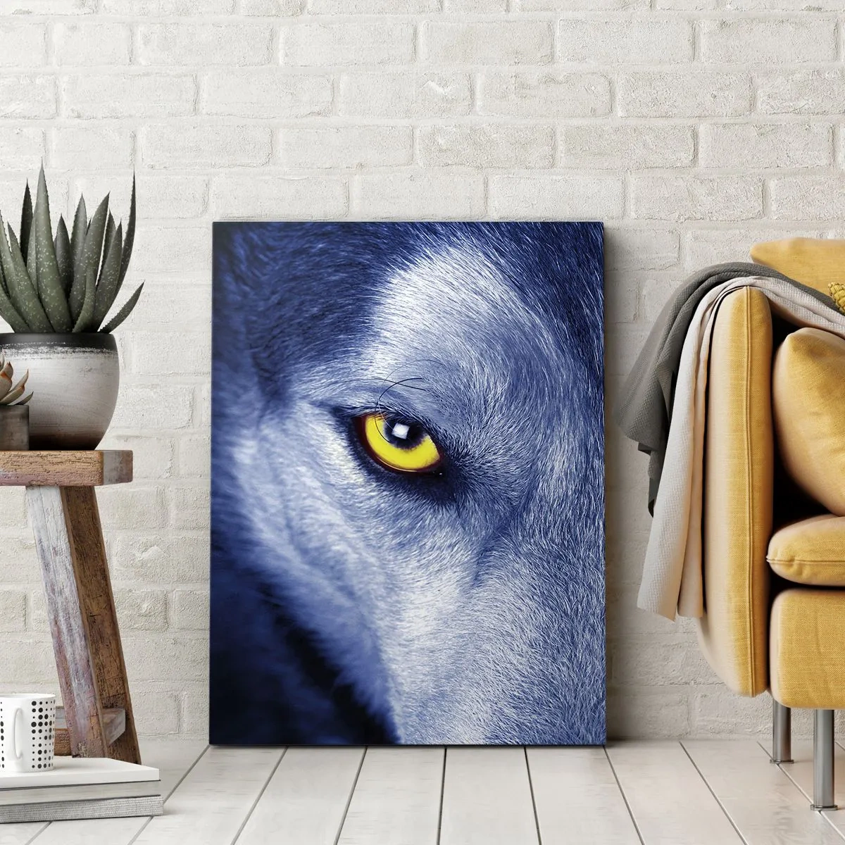 Cuadro sobre lienzo - Impresión de Imagen - Primer plano de la intensa mirada de un lobo sobre un fondo oscuro. - 80x120cm - La mirada hipnótica - Decoración de pared moderna para salón y dormitorio ARTTOR