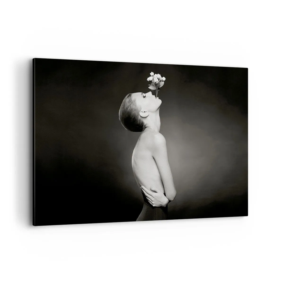Cuadro sobre lienzo - Impresión de Imagen - Silueta en blanco y negro de una mujer con una flor. - 120x80cm - Elegancia excéntrica - Decoración de pared moderna para salón y dormitorio ARTTOR