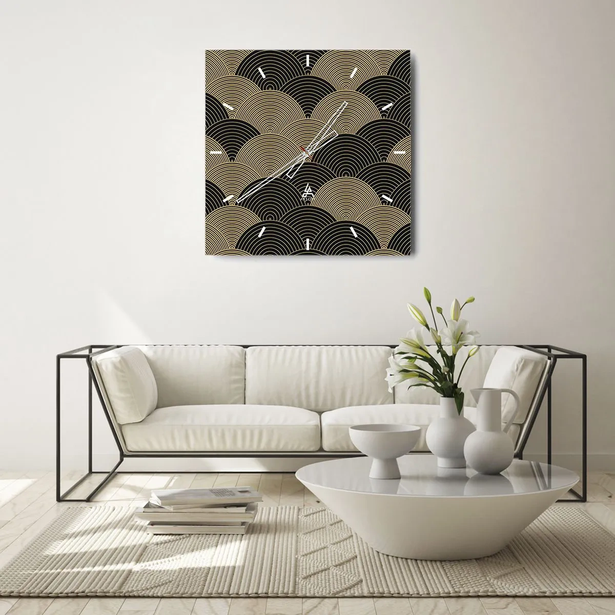 Reloj de pared - Reloj de vidrio - Patrón Art Déco con semicírculos y líneas doradas. - 30x30cm - Multiplicación de la unidad - Decoración de pared moderna para salón y dormitorio ARTTOR