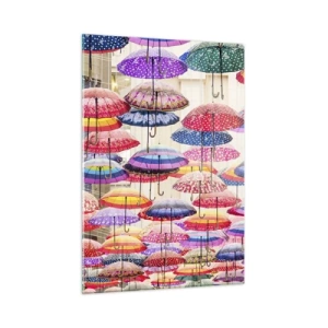 Cuadro sobre vidrio - Impresiones sobre Vidrio - Una fotografía de paraguas de colores suspendidos en el aire. - 50x70cm - Pradera urbana - Decoración de pared moderna para salón y dormitorio ARTTOR