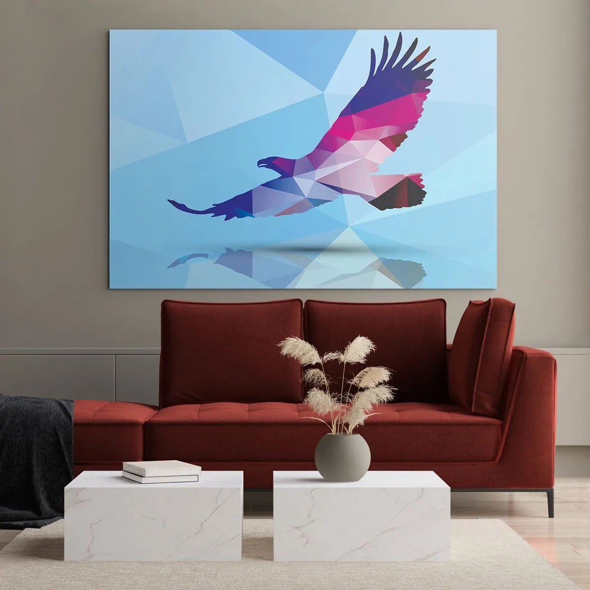 Cuadro sobre vidrio - Impresiones sobre Vidrio - Águila geométrica sobre fondo azul - 70x50cm - Águila en cristal lila - Decoración de pared moderna para salón y dormitorio ARTTOR