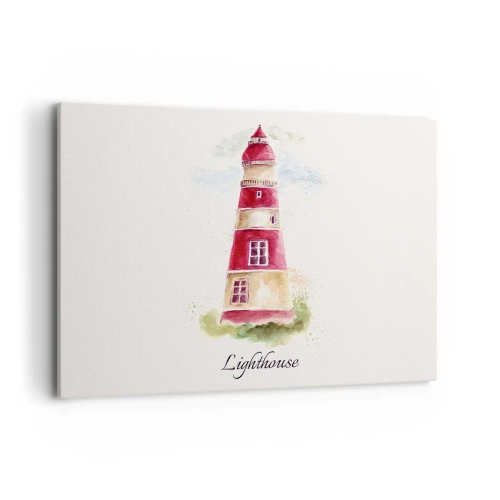Cuadro sobre lienzo - Impresión de Imagen - Una pintura de acuarela de un faro sobre un fondo claro con una inscripción. - 100x70cm - Siempre observando - Decoración de pared moderna para salón y dormitorio ARTTOR