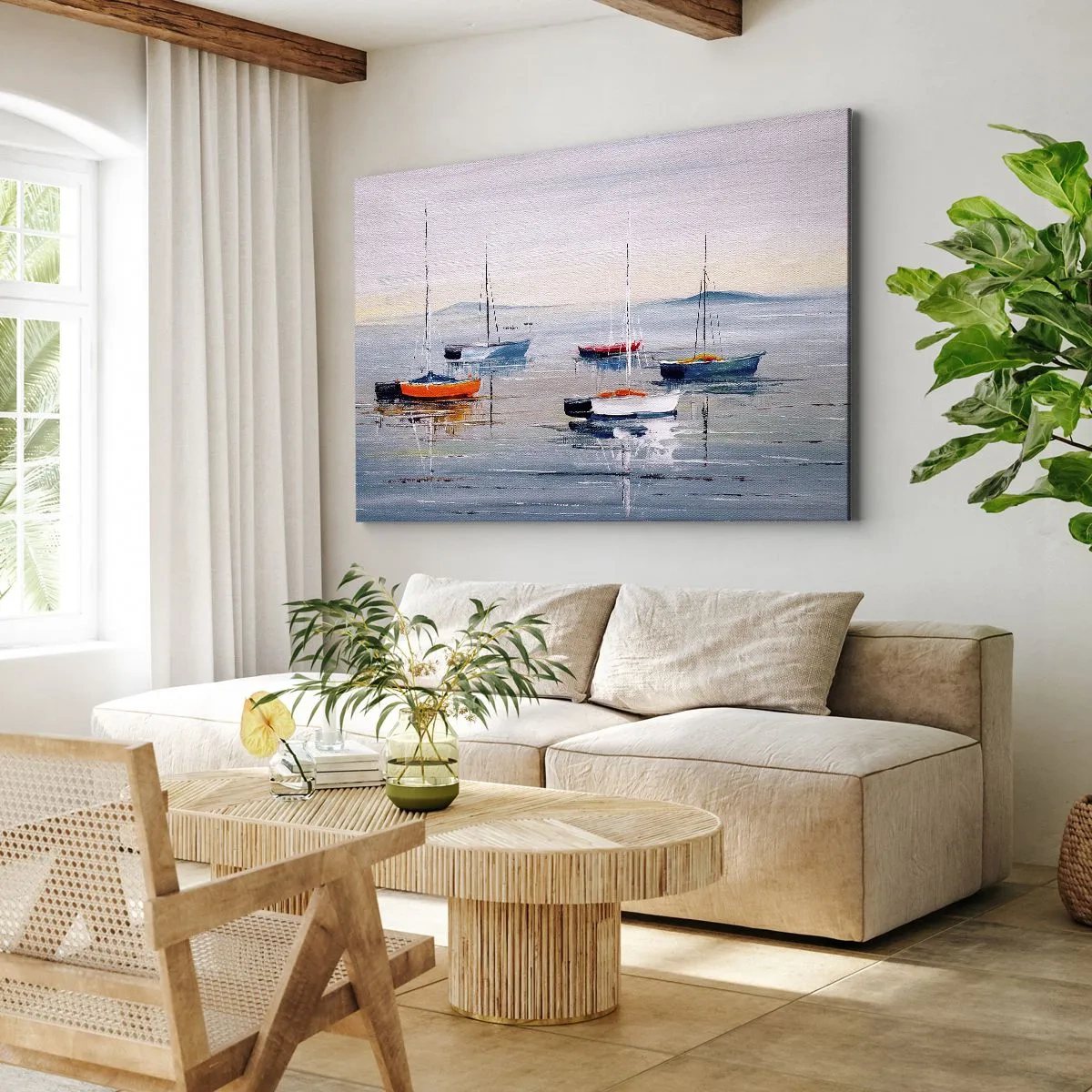 Cuadro sobre lienzo - Impresión de Imagen - Barcos coloridos en aguas tranquilas - 120x80cm - Un más que merecido descanso - Decoración de pared moderna para salón y dormitorio ARTTOR