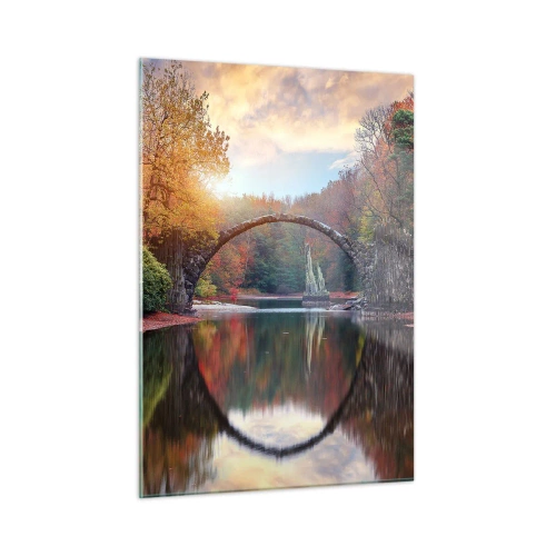 Cuadro sobre vidrio - Impresiones sobre Vidrio - Un puente de piedra reflejado en un lago en medio de un bosque otoñal. - 50x70cm - Al otro lado del espejo - Decoración de pared moderna para salón y dormitorio ARTTOR