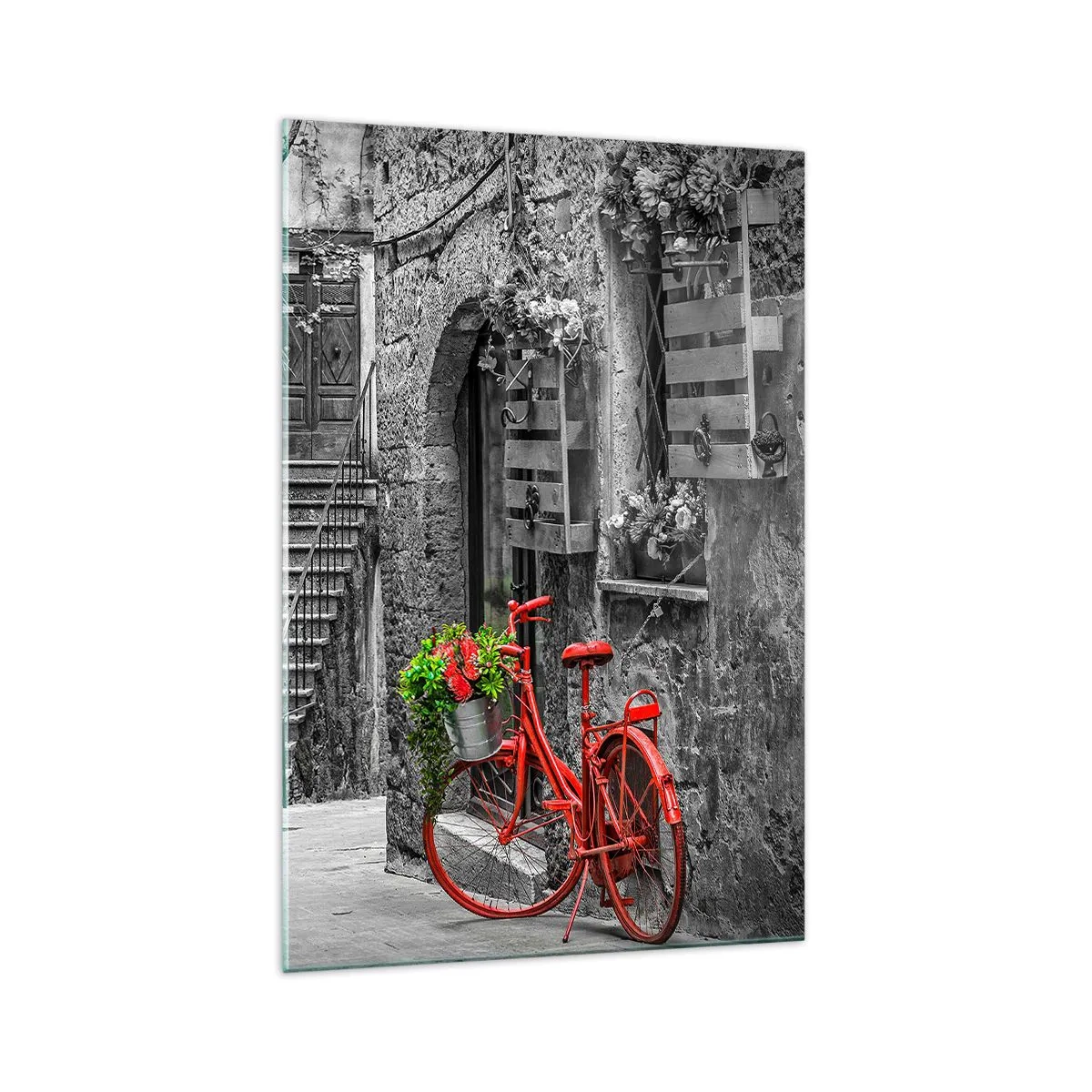 Cuadro sobre vidrio - Impresiones sobre Vidrio - Una bicicleta roja en una calle en blanco y negro. - 70x100cm - Callejón de la Toscana - Decoración de pared moderna para salón y dormitorio ARTTOR