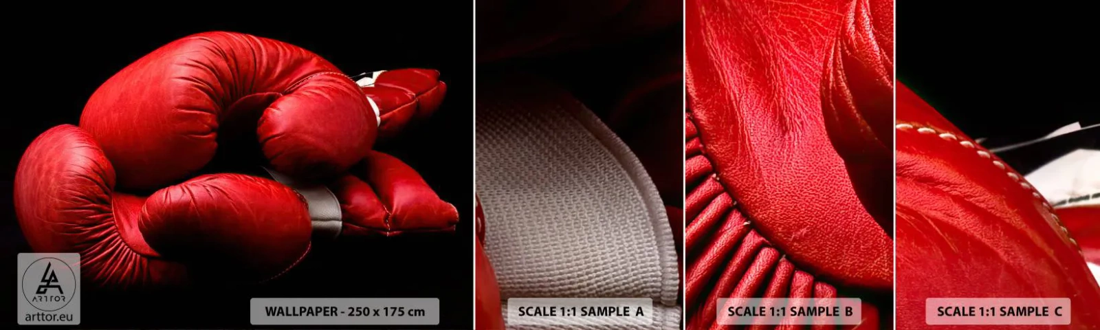 Muestra de fotomural autoadhesivo Deluxe Sticker - La emoción del combate quedó atrás - Deporte, Caja, Guantes de boxeo - 100x30 cm