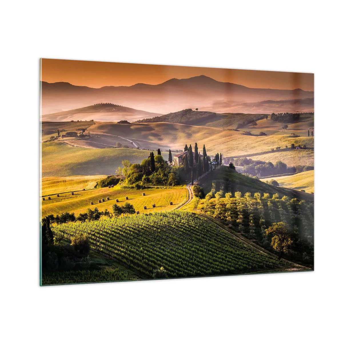 Cuadro sobre vidrio - Impresiones sobre Vidrio - Paisaje toscano al amanecer - 100x70cm - Paisaje toscano - Decoración de pared moderna para salón y dormitorio ARTTOR