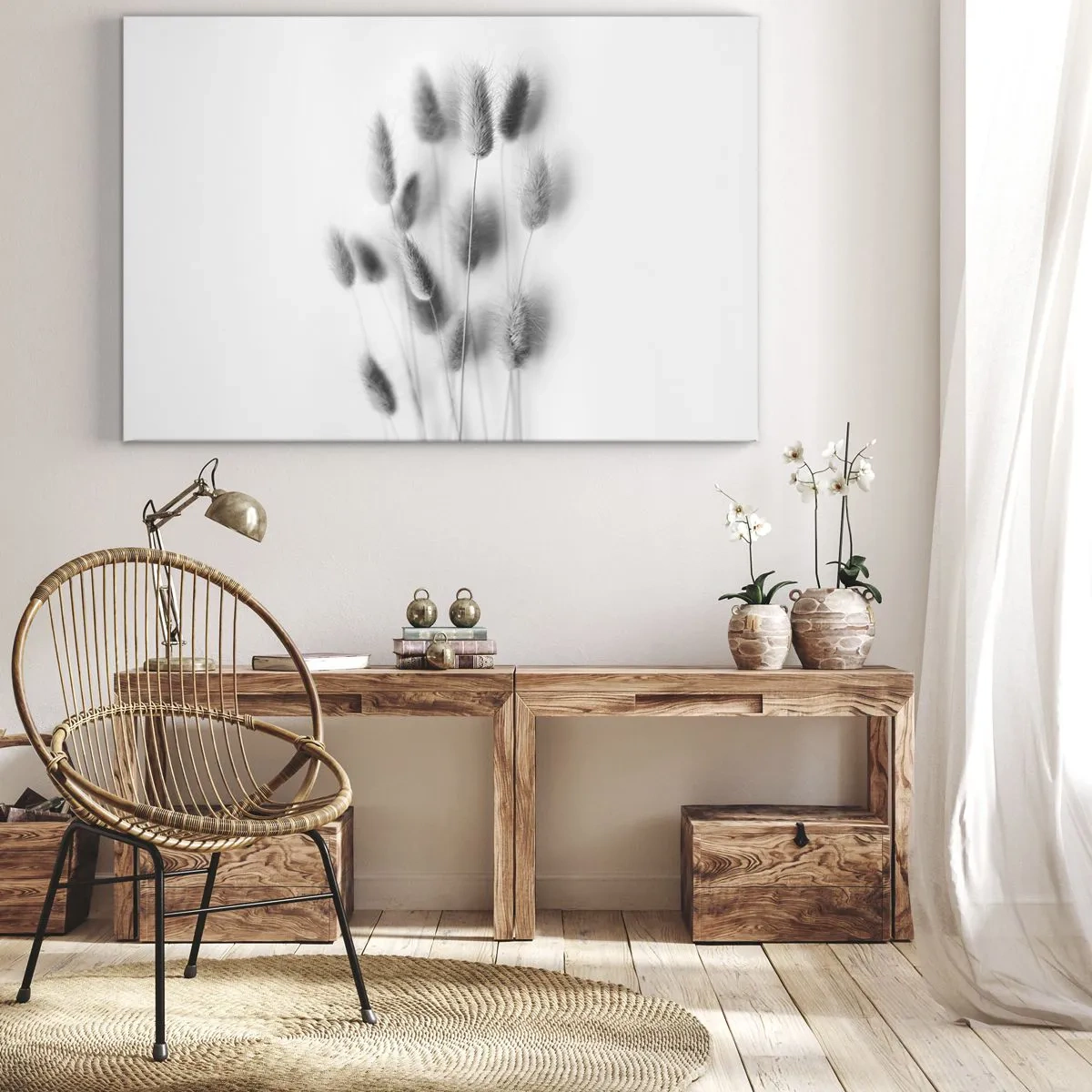 Cuadro sobre lienzo - Impresión de Imagen - Hierbas delicadas en tonos grises sobre un fondo blanco. - 70x50cm - Esponjas naturales - Decoración de pared moderna para salón y dormitorio ARTTOR