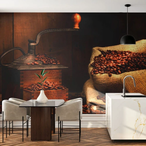 Fotomural personalizado Premium Sand - Bodegón con granos de café y molinillo - Gastronomía, Café, molinillo de cafe