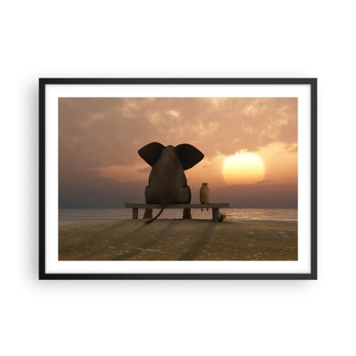 Póster en marco negro - Un elefante y un perro están sentados en un banco en la playa durante el atardecer. - 70x50cm - Es bueno estar en silencio juntos - Decoración de pared moderna para salón y dormitorio ARTTOR