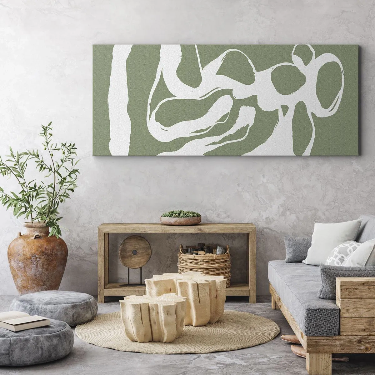 Cuadro sobre lienzo - Impresión de Imagen - Formas orgánicas en blanco sobre fondo verde. - 120x50cm - La llamada del espacio - Decoración de pared moderna para salón y dormitorio ARTTOR