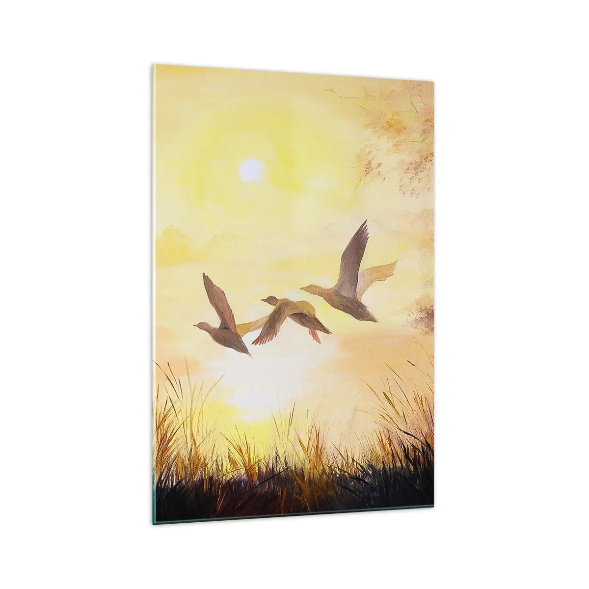 Cuadro sobre vidrio - Impresiones sobre Vidrio - Patos volando al amanecer sobre el lago - 70x100cm - El comienzo de un largo viaje - Decoración de pared moderna para salón y dormitorio ARTTOR