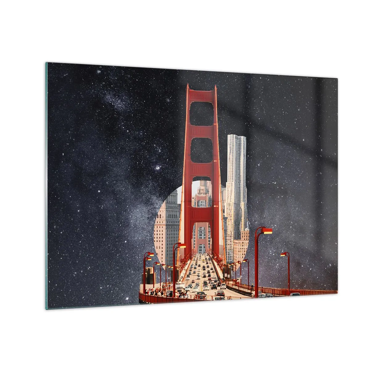 Cuadro sobre vidrio - Impresiones sobre Vidrio - Puente y rascacielos sobre un fondo de galaxia surrealista - 70x50cm - Siempre en el centro - Decoración de pared moderna para salón y dormitorio ARTTOR