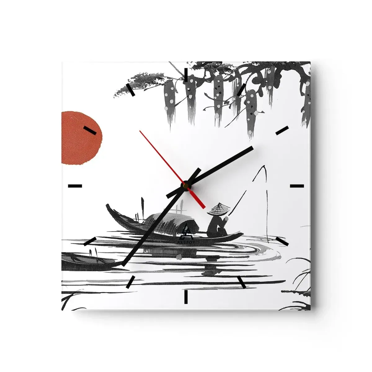 Reloj de pared - Reloj de vidrio - Paisaje oriental con un pescador en un barco y un sol rojo. - 30x30cm - Una tarde asiática - Decoración de pared moderna para salón y dormitorio ARTTOR