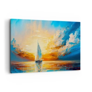 Cuadro sobre lienzo - Impresión de Imagen - Un velero con el sol poniente y nubes de colores como telón de fondo. - 120x80cm - Navegando en oro - Decoración de pared moderna para salón y dormitorio ARTTOR
