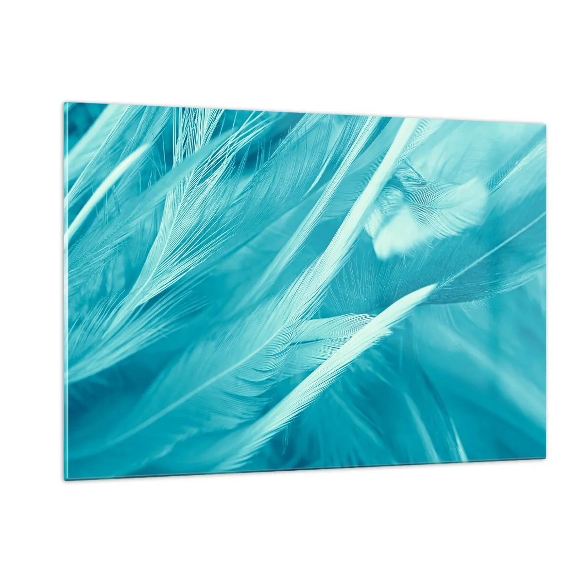 Cuadro sobre vidrio - Impresiones sobre Vidrio - Plumas turquesas en un delicado primer plano - 120x80cm - Un manto real  - Decoración de pared moderna para salón y dormitorio ARTTOR