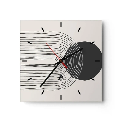 Reloj de pared - Reloj de vidrio - Patrón abstracto con líneas y un círculo negro sobre un fondo claro - 30x30cm - Temblor y certeza - Decoración de pared moderna para salón y dormitorio ARTTOR