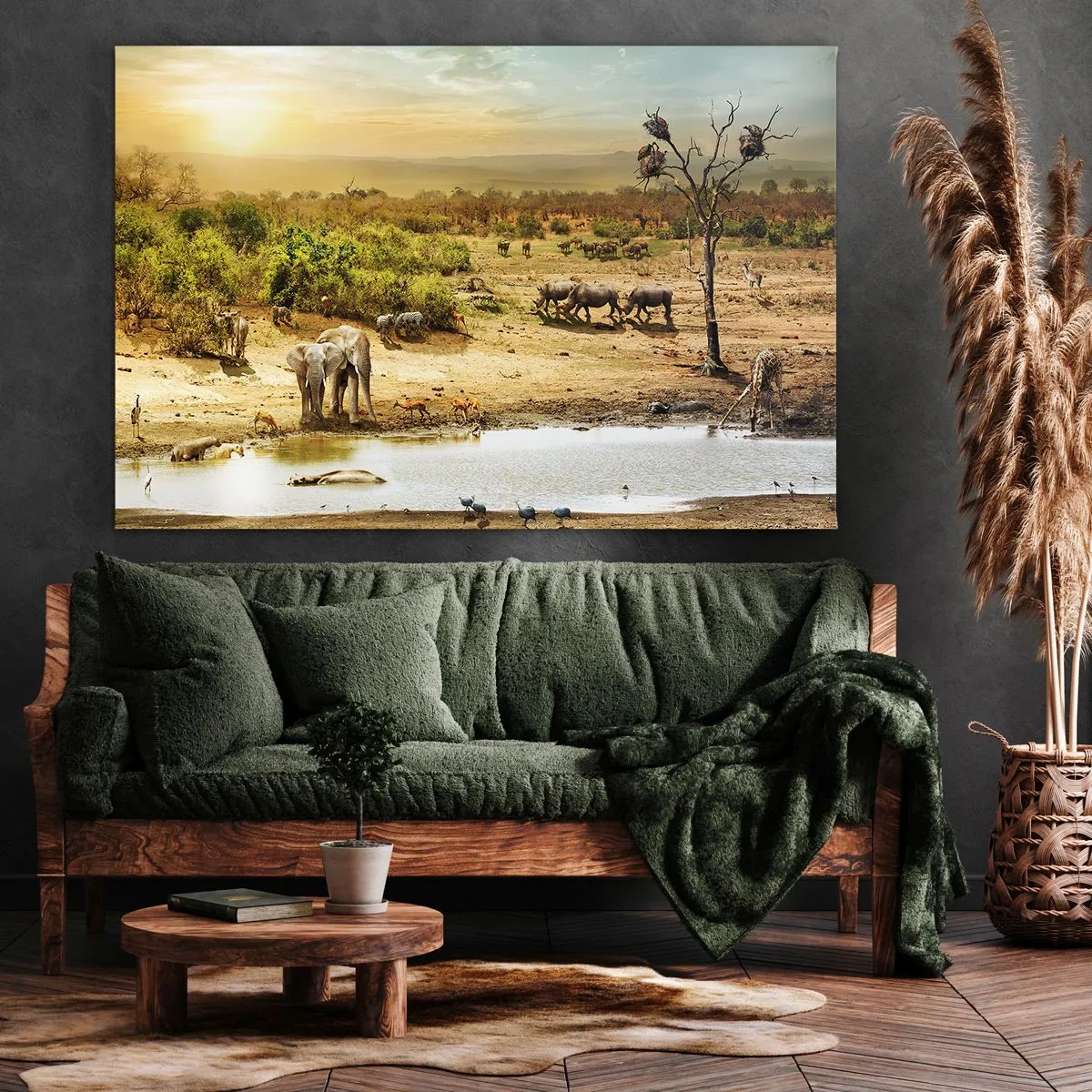 Cuadro sobre lienzo - Impresión de Imagen - Elefantes y animales salvajes en un abrevadero al atardecer - 70x50cm - Y del Edén fluyó un río... - Decoración de pared moderna para salón y dormitorio ARTTOR