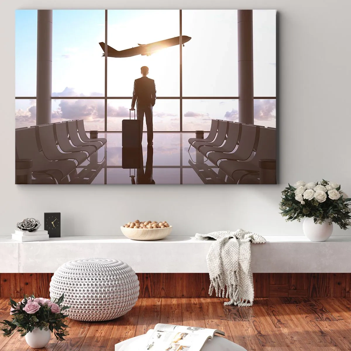 Cuadro sobre lienzo - Impresión de Imagen - Hombre de negocios en el aeropuerto con un avión al fondo - 70x50cm - Tienes tiempo, tranquilo - Decoración de pared moderna para salón y dormitorio ARTTOR