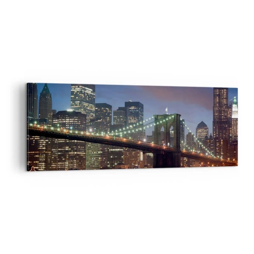 Cuadro sobre lienzo - Impresión de Imagen - Puente de la ciudad de Nueva York de noche con edificios iluminados - 140x50cm - Una noche iluminada - Decoración de pared moderna para salón y dormitorio ARTTOR