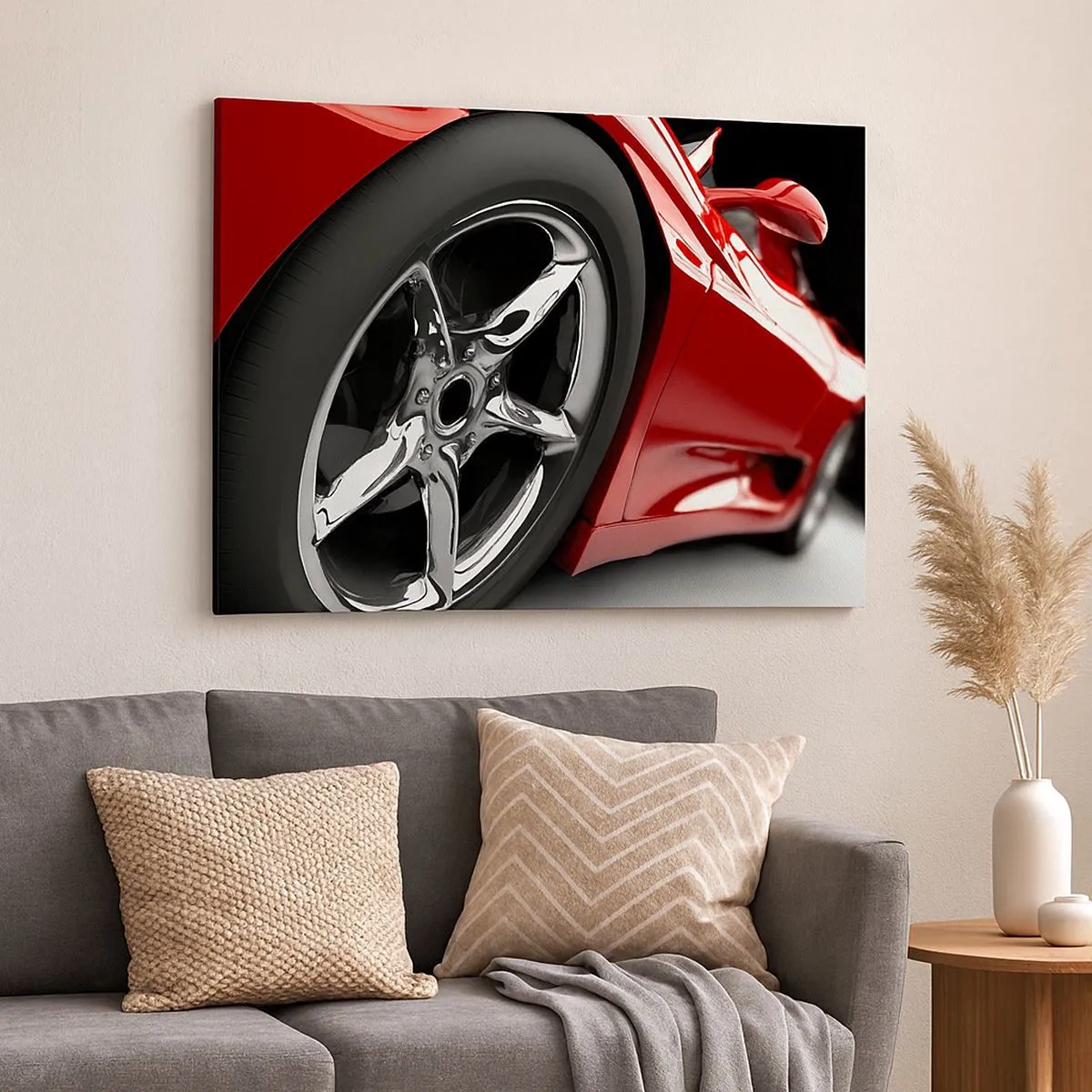 Cuadro sobre lienzo - Impresión de Imagen - Coche deportivo rojo con ruedas cromadas - 70x50cm - Creado para la velocidad - Decoración de pared moderna para salón y dormitorio ARTTOR