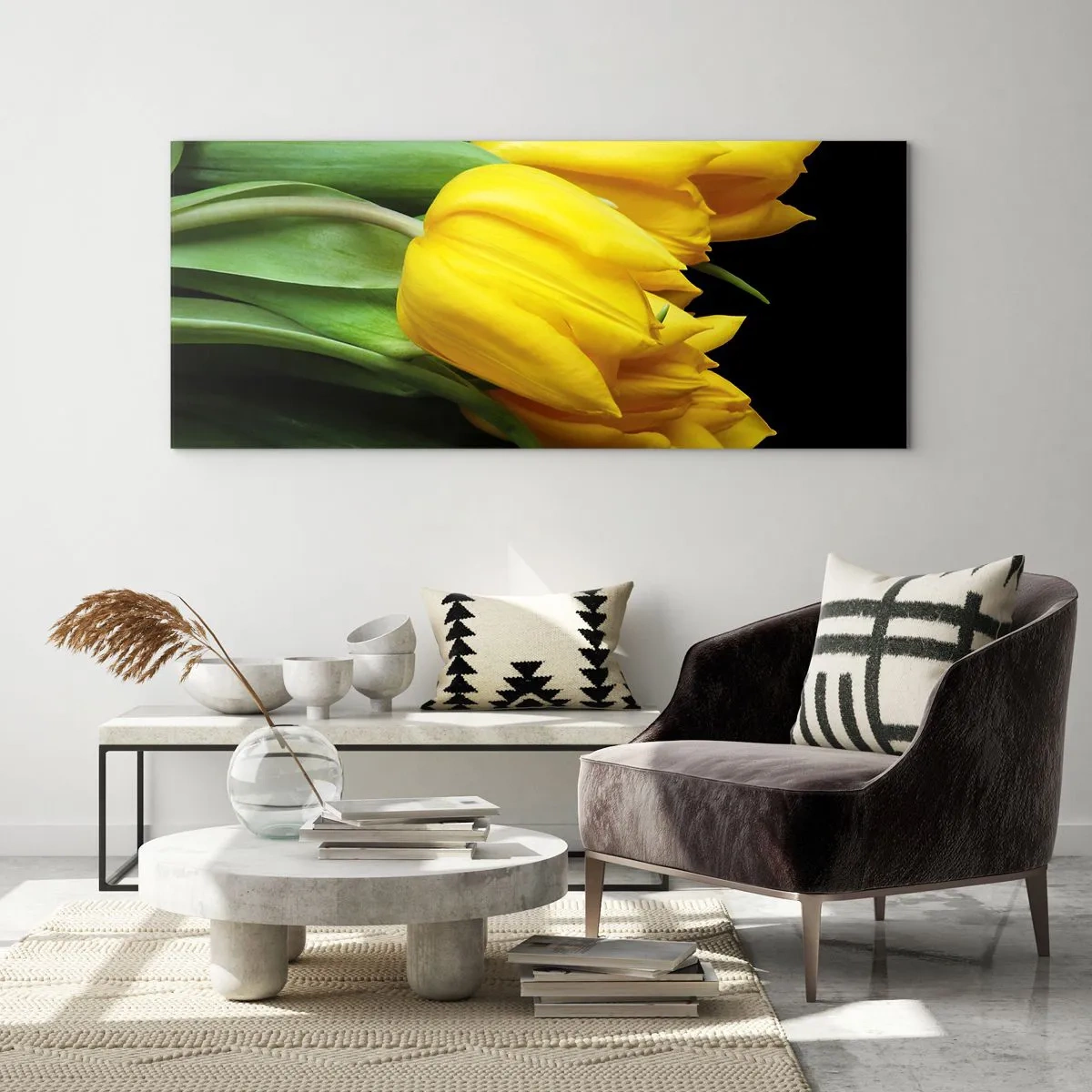 Cuadro sobre vidrio - Impresiones sobre Vidrio - Un ramo de tulipanes amarillos sobre un fondo negro. - 120x50cm - Resucitado de puro sol - Decoración de pared moderna para salón y dormitorio ARTTOR