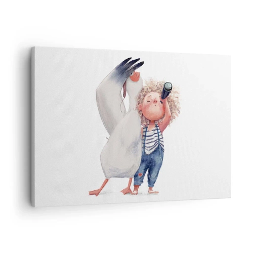Cuadro sobre lienzo - Impresión de Imagen - Ilustración de un niño con un pelícano y un telescopio en la mano. - 70x50cm - Un plan para un gran viaje - Decoración de pared moderna para salón y dormitorio ARTTOR