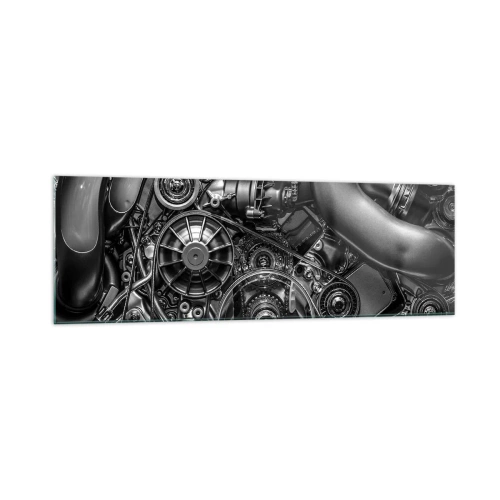 Cuadro sobre vidrio - Impresiones sobre Vidrio - Primer plano en blanco y negro de los detalles mecánicos de un motor de automóvil. - 160x50cm - La poesía de la mecánica - Decoración de pared moderna para salón y dormitorio ARTTOR