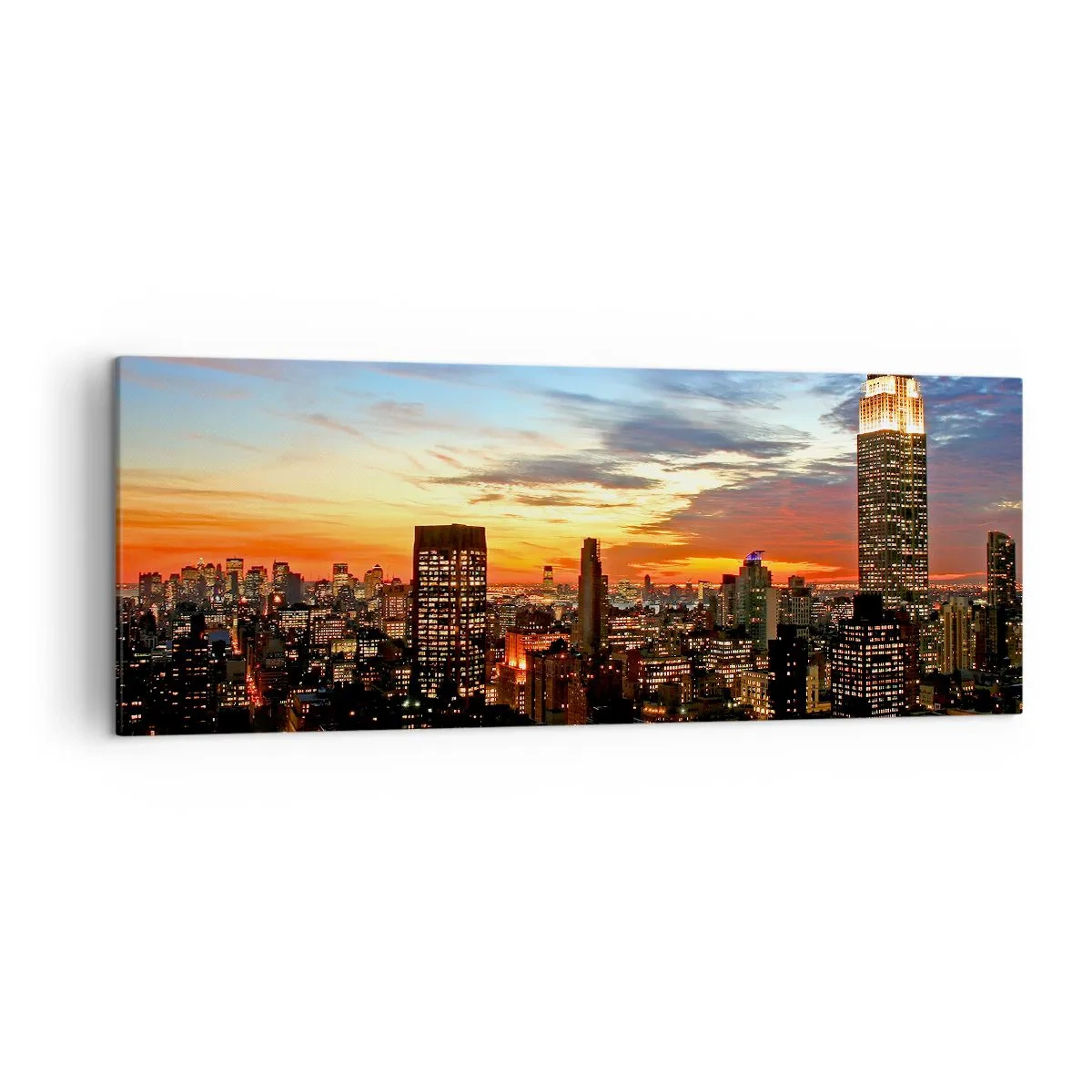 Cuadro sobre lienzo - Impresión de Imagen - Panorama de la ciudad con rascacielos iluminados al atardecer - 140x50cm - Una luminosa noche americana - Decoración de pared moderna para salón y dormitorio ARTTOR