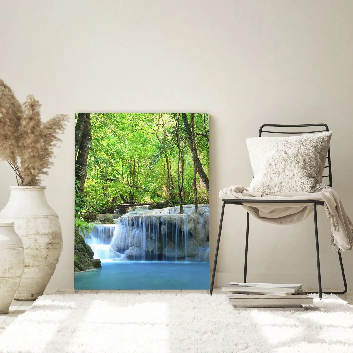 Cuadro sobre vidrio - Impresiones sobre Vidrio - Una cascada entre árboles verdes con agua azul en un entorno natural. - 80x120cm - Ahogarse en turquesa y verde - Decoración de pared moderna para salón y dormitorio ARTTOR