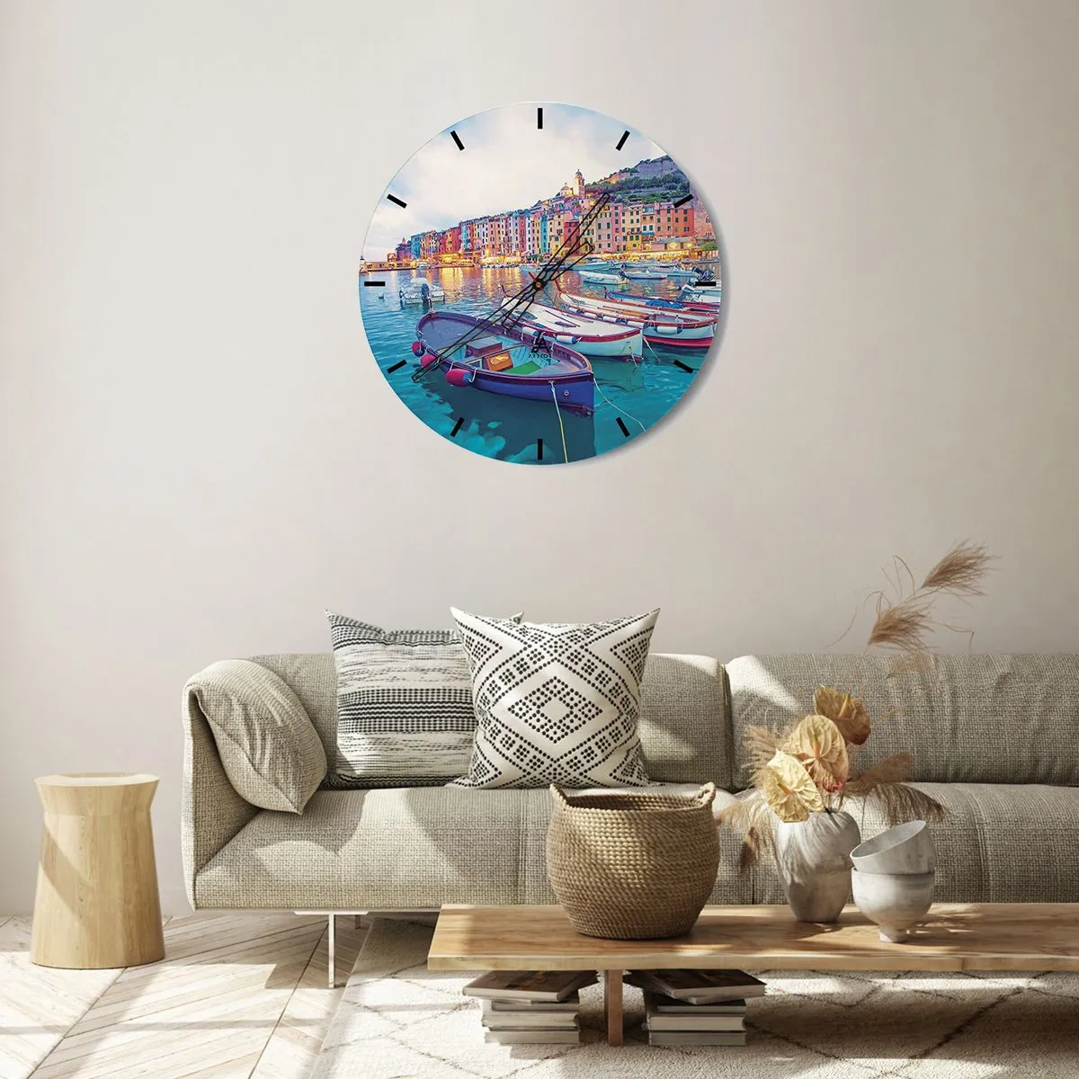 Reloj de pared - Reloj de vidrio - Una noche colorida en el puerto - 30x30 cm