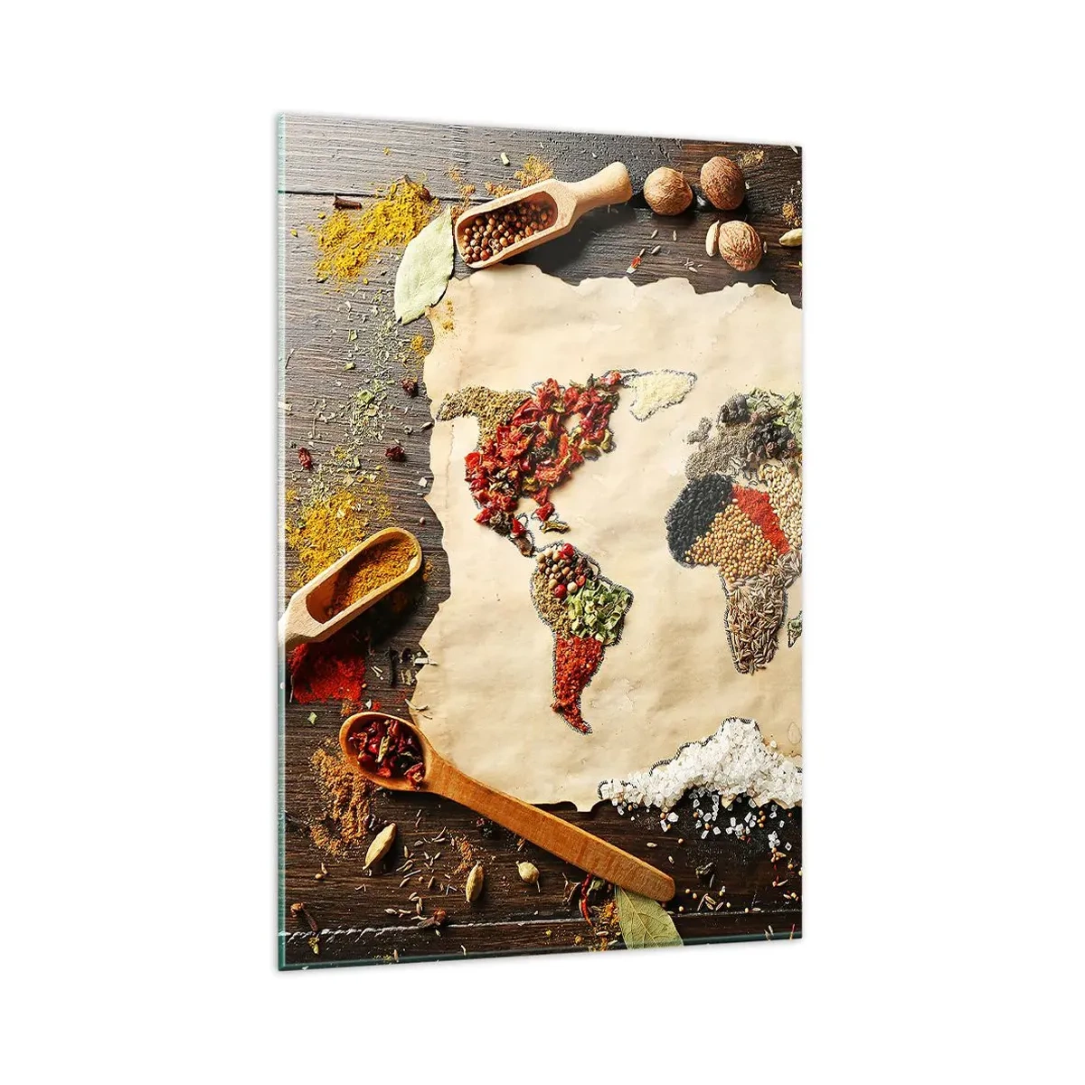 Cuadro sobre vidrio - Impresiones sobre Vidrio - Un mapa del mundo hecho de especias sobre un fondo de madera. - 80x120cm - Todos los sabores del mundo - Decoración de pared moderna para salón y dormitorio ARTTOR
