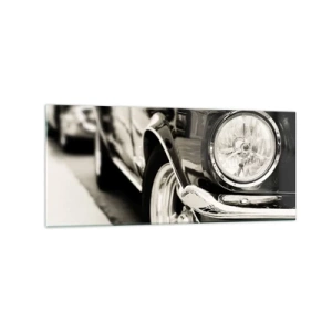 Cuadro sobre vidrio - Impresiones sobre Vidrio - Un coche clásico icónico en elegante blanco y negro. - 120x50cm - Brillo perdurable - Decoración de pared moderna para salón y dormitorio ARTTOR