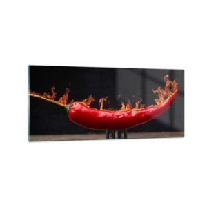 Cuadro sobre vidrio - Impresiones sobre Vidrio - Pimiento rojo flameado en un tenedor - 120x50cm - Un aperitivo ardiente - Decoración de pared moderna para salón y dormitorio ARTTOR