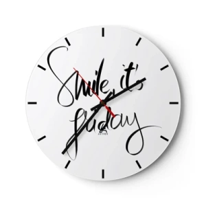 Reloj de pared - Reloj de vidrio - Cita "Sonríe, es viernes" en elegantes gráficos en blanco y negro. - 30x30cm - La verdadera alegría - Decoración de pared moderna para salón, cocina y dormitorio ARTTOR
