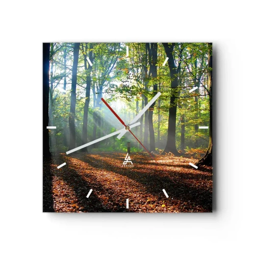 Reloj de pared - Reloj de vidrio - Un claro del bosque iluminado por los rayos del sol. - 30x30cm - Resplandores y sombras - Decoración de pared moderna para salón y dormitorio ARTTOR