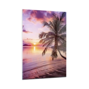 Cuadro sobre vidrio - Impresiones sobre Vidrio - Playa exótica con palmera al atardecer - 50x70cm - Hermosura hasta el horizonte - Decoración de pared moderna para salón y dormitorio ARTTOR