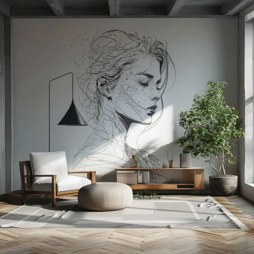 Fotomural Premium Sand - Las líneas sutiles de un retrato femenino sobre un fondo claro. - 100x70cm - Retrato de ensueño - Decoración de pared moderna para salón y dormitorio ARTTOR